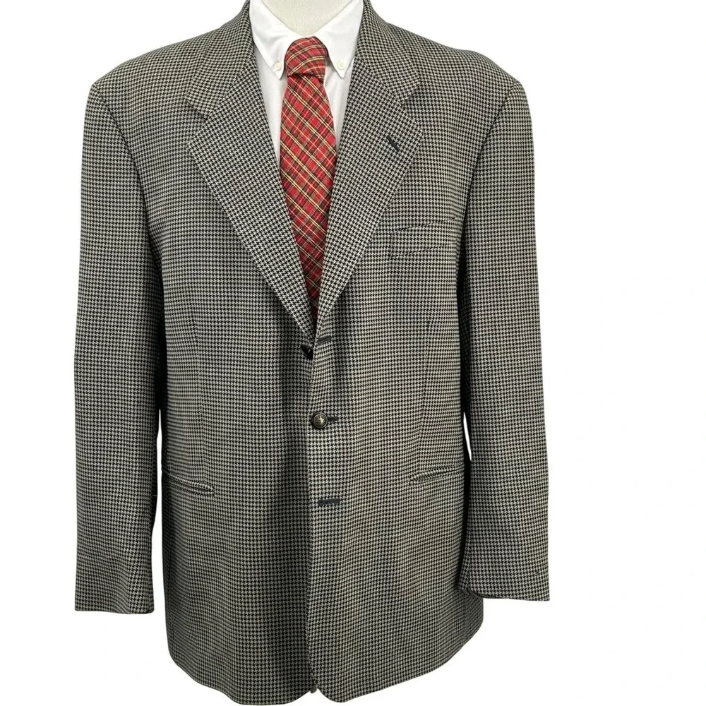 Mens Vintage Sport Coat Navy Tan Houndstooth Wool‎ Blazer Italy Galliani 48 50